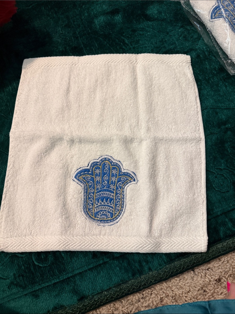 White Embroidered Hamsa Hand Towel Blue Gold Spiritual Boho Decor Cotton Terry